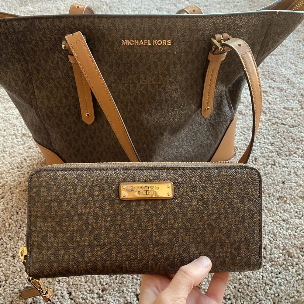 Michael Kors monogram tote and wallet